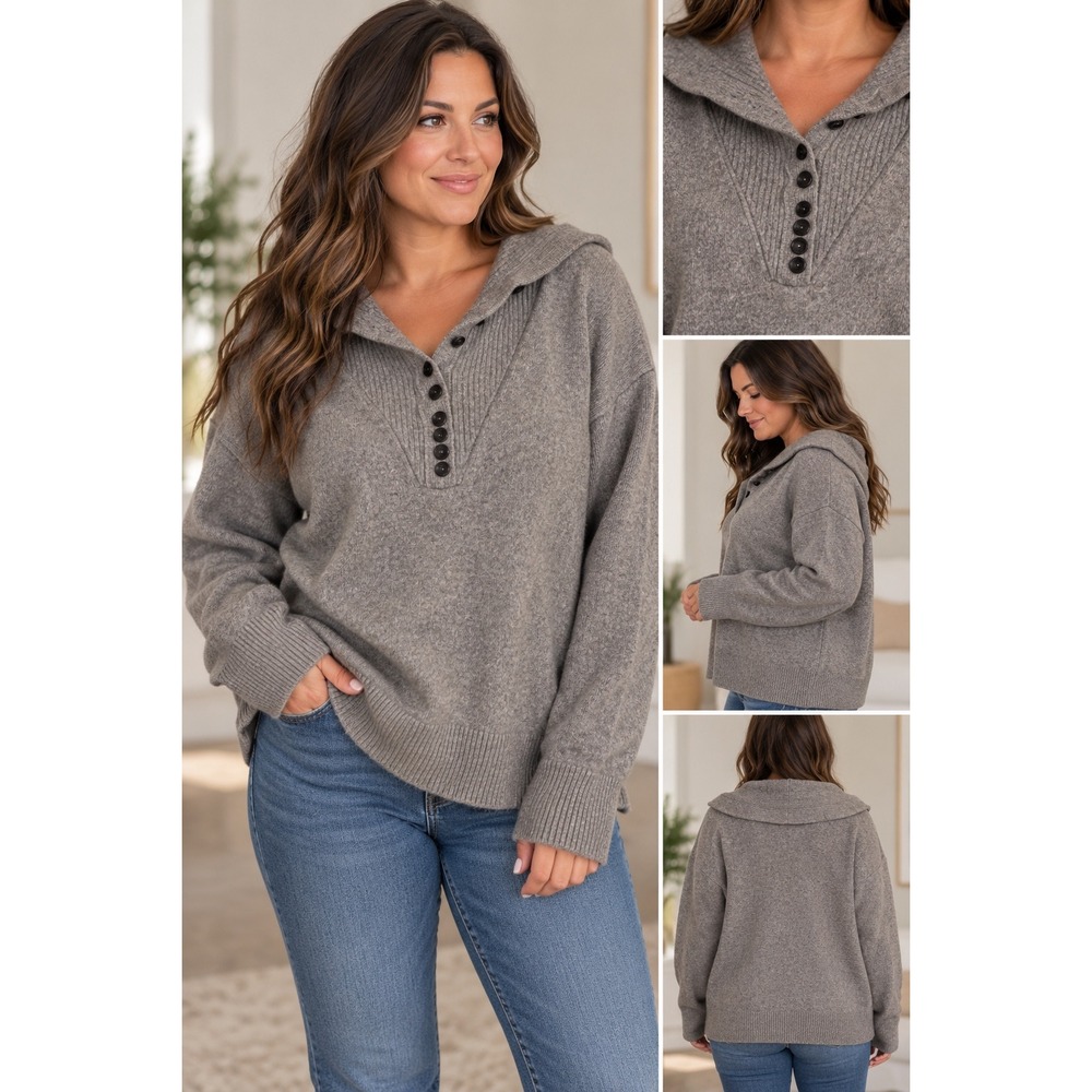 Theory 100% Cashmere Button Placket T Neck Sweater Grey L1018726 Size M